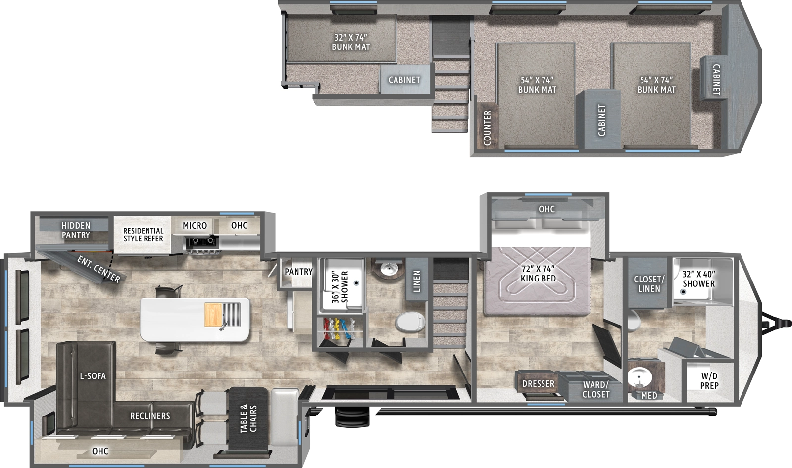 The Puma Vista 422LFT floorplan has one entry and three slide outs. Exterior features include: metal exterior. Interiors features include: loft, kitchen island, rear living and two full bathrooms.